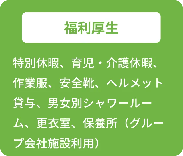 福利厚生 特別休暇、育児・介護休暇、作業服、安全靴、ヘルメット貸与、男女別シャワールーム、更衣室、保養所（グループ会社施設利用）