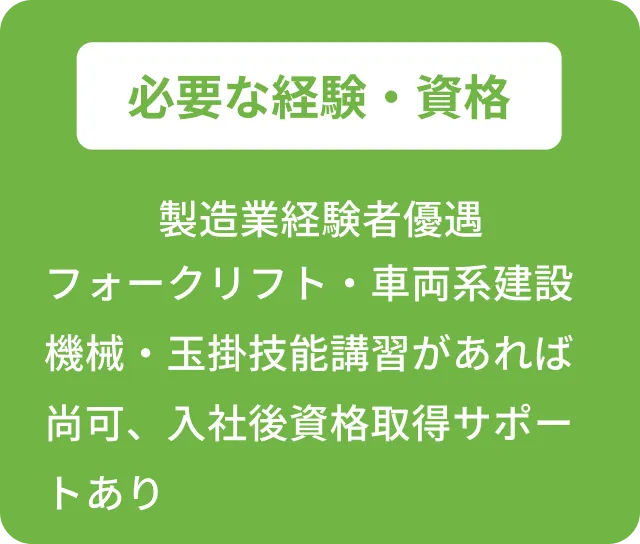 必要な経験・資格 製造業経験者優遇 フォークリフト・車両系建設機械・玉掛技能講習があれば尚可、入社後資格取得サポートあり